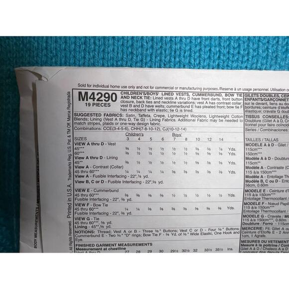 McCalls 4290 pattern kids Boys vest bow tie cummerbund neck tie size 10 12 14 - Picture 5 of 6